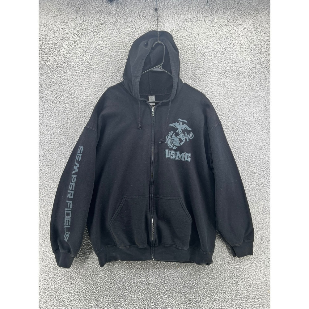 USMC Marine Corps Semper Fidelis Black Full Zip Hoodie Sweatshirt Mens XL
